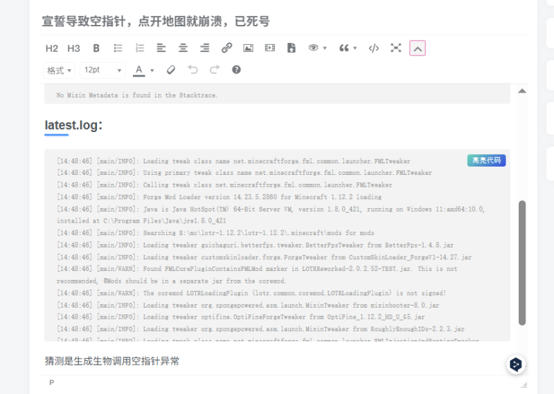网站Bug，插入代码不显示-魔戒MC中文站